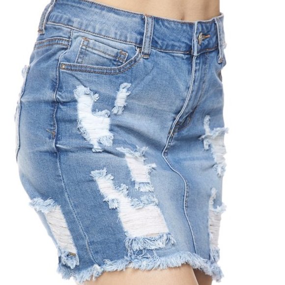 Distressed Denim Jean Skirt - Picture 1 of 5